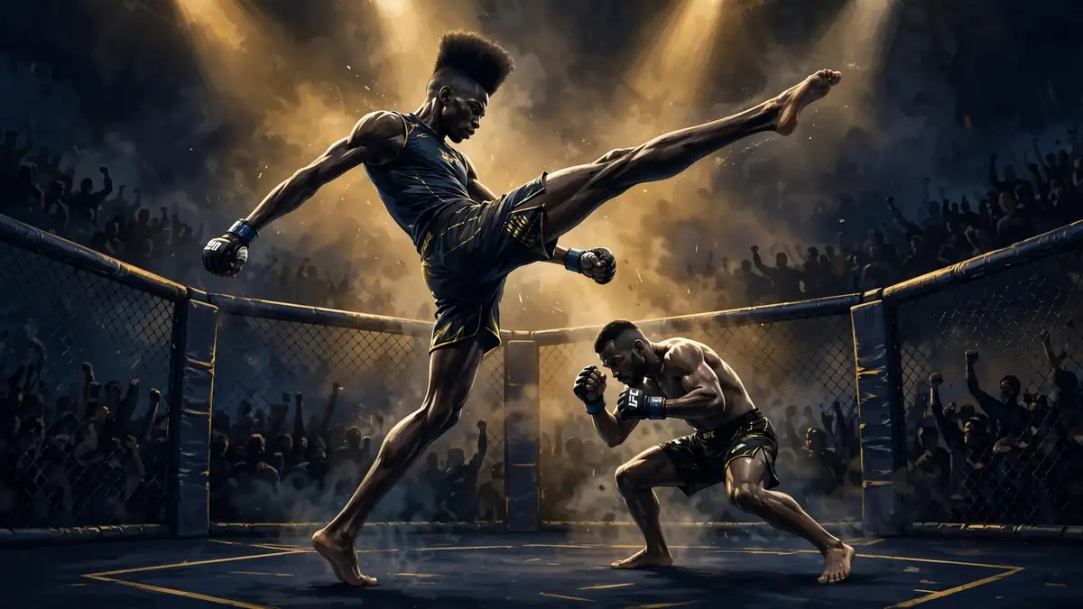 Illustrated octagon scene of a tall lanky fighter landing a head kick on a shorter opponent, evoking Adesanya's reach advantage