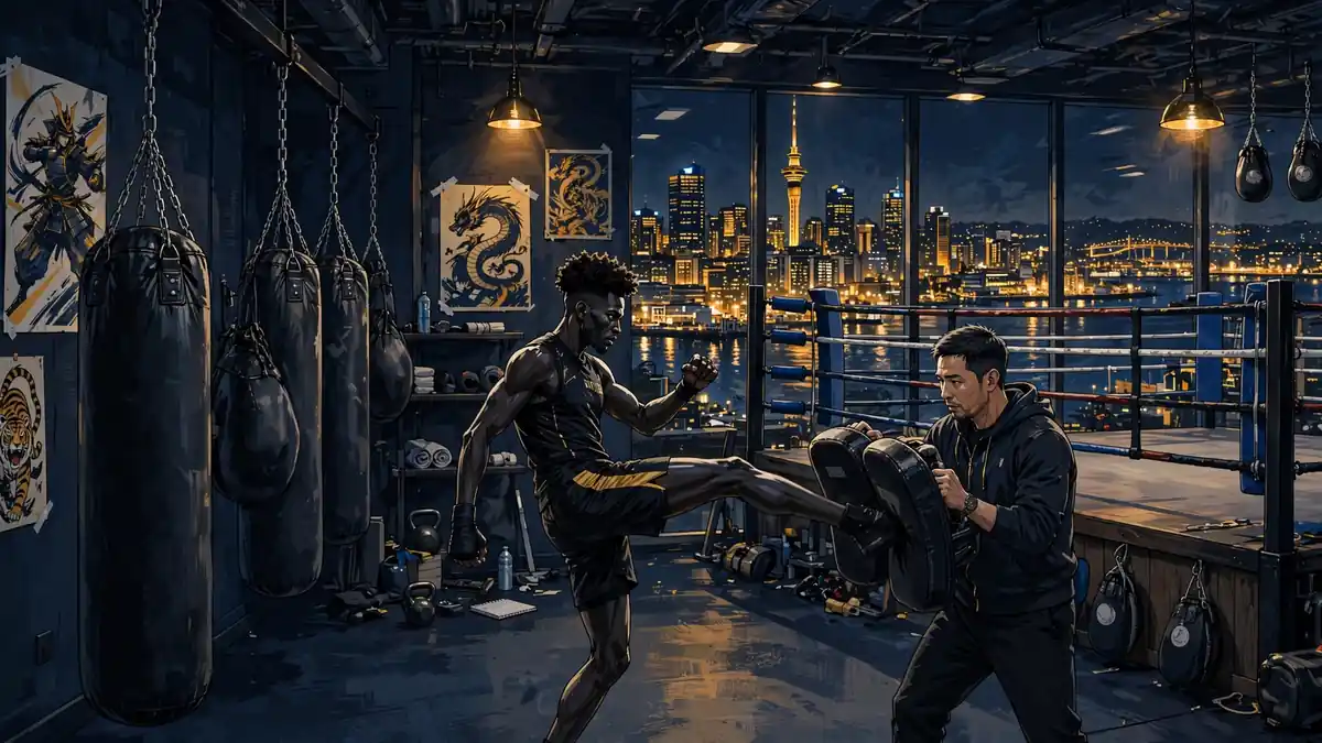 Illustrated Auckland MMA gym at night with a tall fighter training teep kicks on pads, Sky Tower in the window