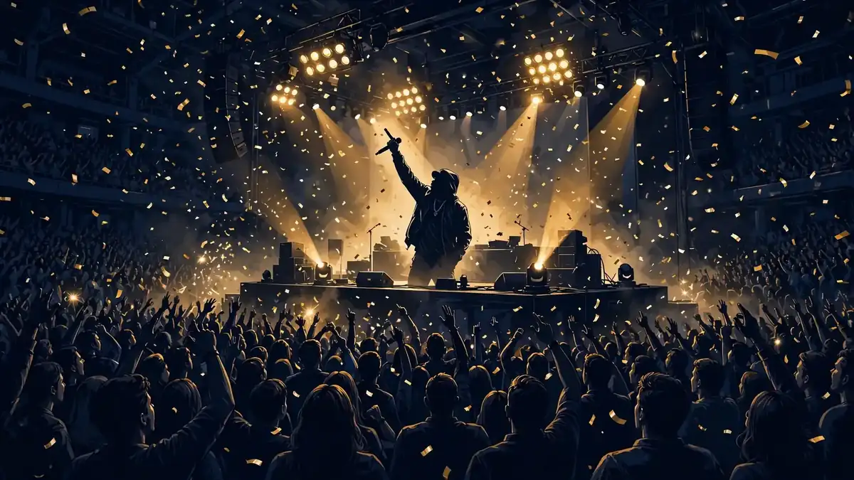 Illustrated night arena concert with a rapper on stage, representing J. Cole's Fall-Off World Tour
