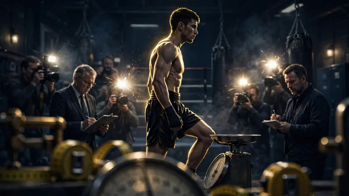 Illustration of a boxer stepping onto a weigh-in scale in a moody gym, representing Jake Paul's fight-by-fight weight history