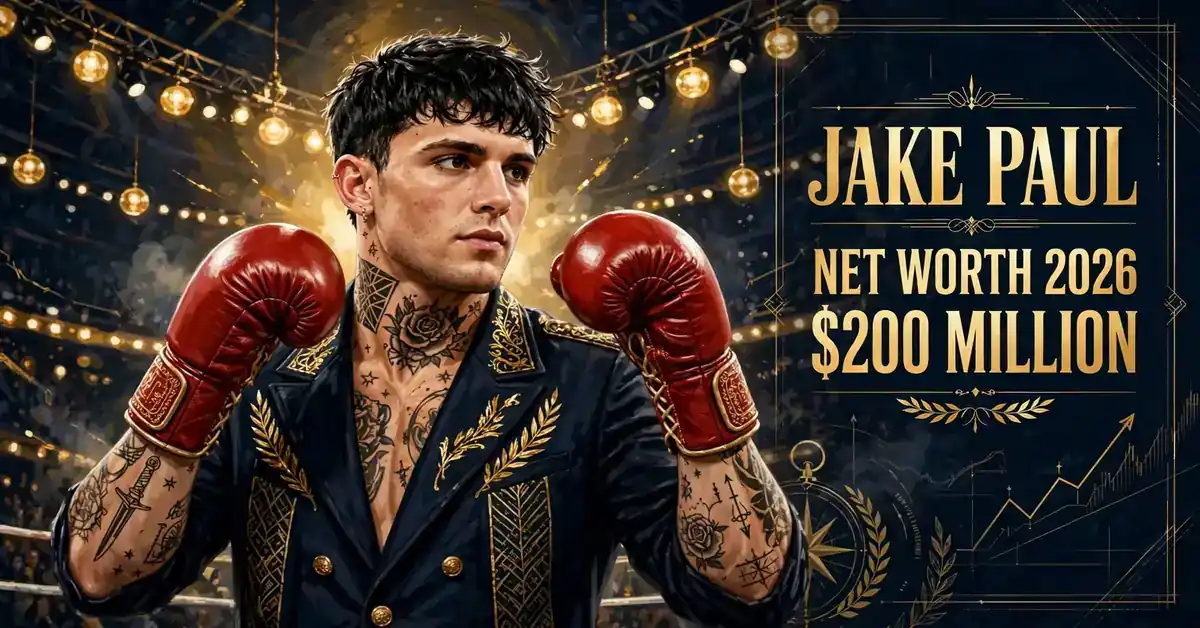 Illustrated portrait of boxer Jake Paul with raised red gloves, dark navy and gold design, with text Jake Paul Net Worth 2026: $200 Million