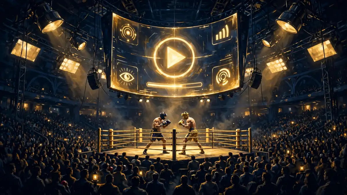 Illustrated night arena scene of Jake Paul's record-breaking Netflix boxing event