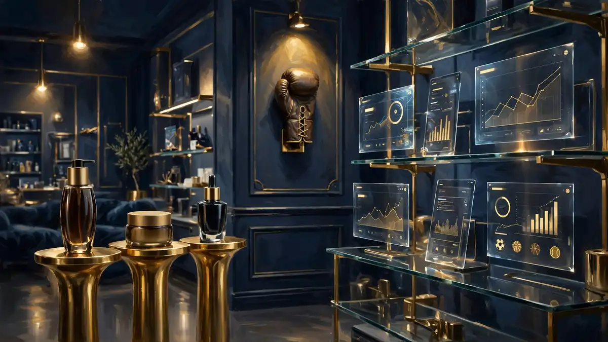 Illustrated display of W grooming products and Betr betting brand in a premium retail scene