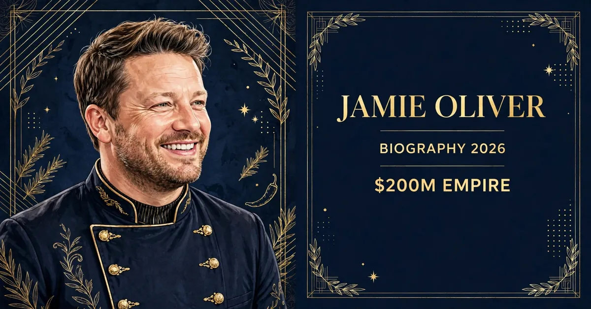 Jamie Oliver biography 2026 — stylized illustrated portrait of the British chef with JAMIE OLIVER BIOGRAPHY 2026 $200 MILLION text