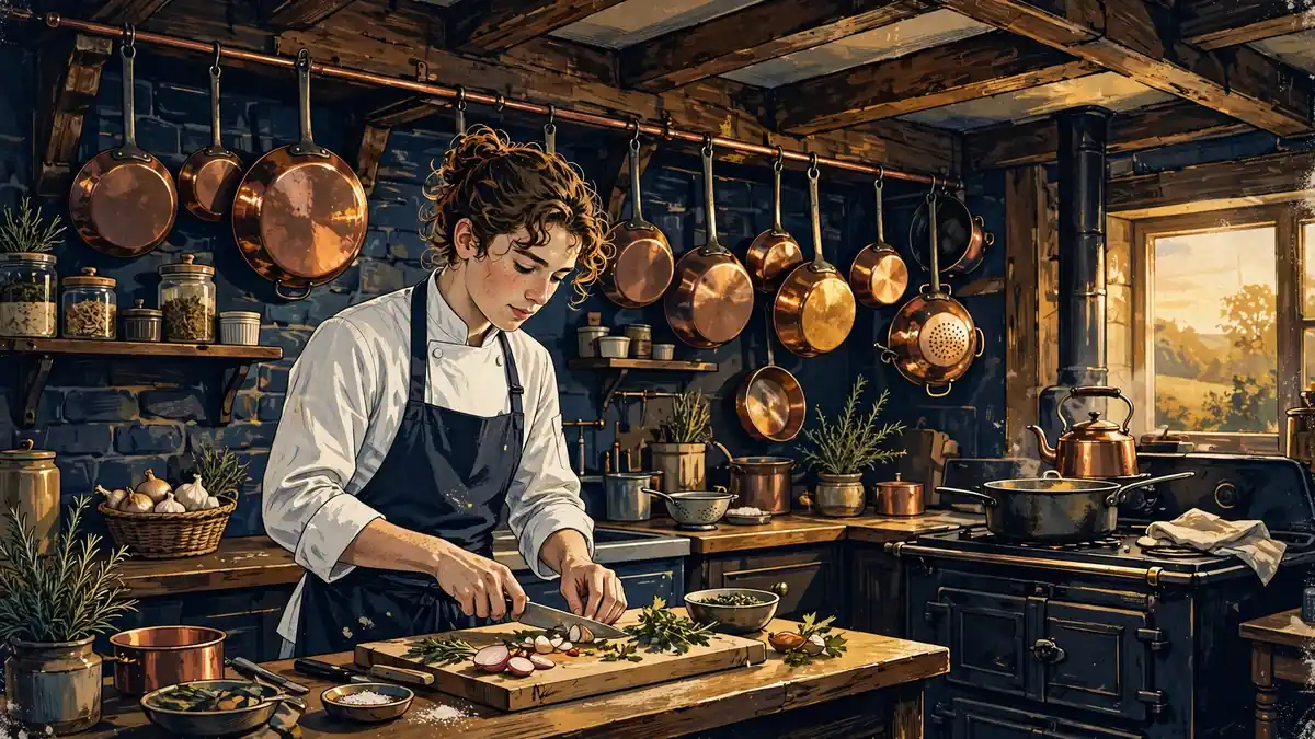 Illustrated village pub kitchen with a young cook at work among copper pans and wooden counters, in dark navy and gold tones