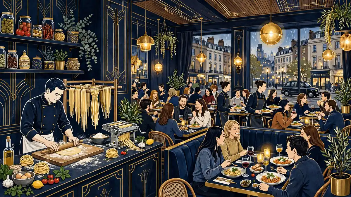 Illustrated busy London restaurant interior with shared pasta dishes and cured meat planks on a long table, in dark navy and gold tones