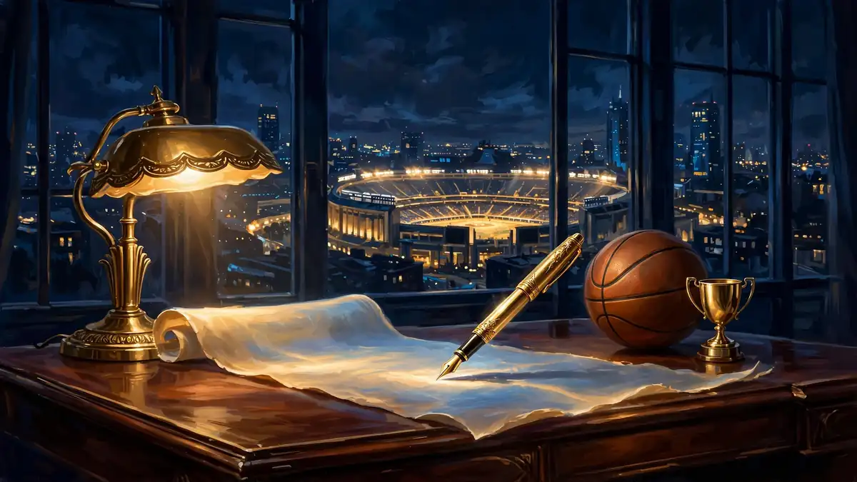 Illustrated night scene of a pen signing a long glowing contract on a mahogany desk, basketball and trophy beside it