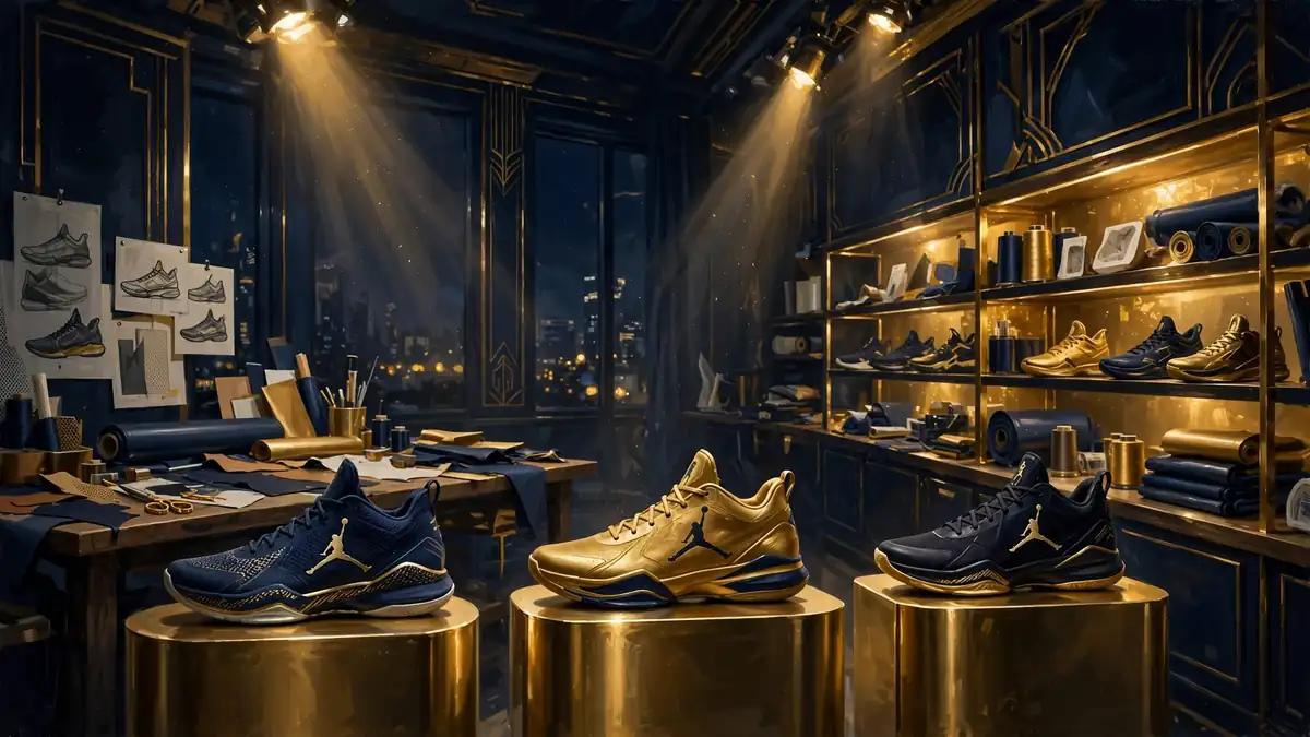 Illustrated night scene of a sneaker design studio with signature basketball shoes on golden display pedestals
