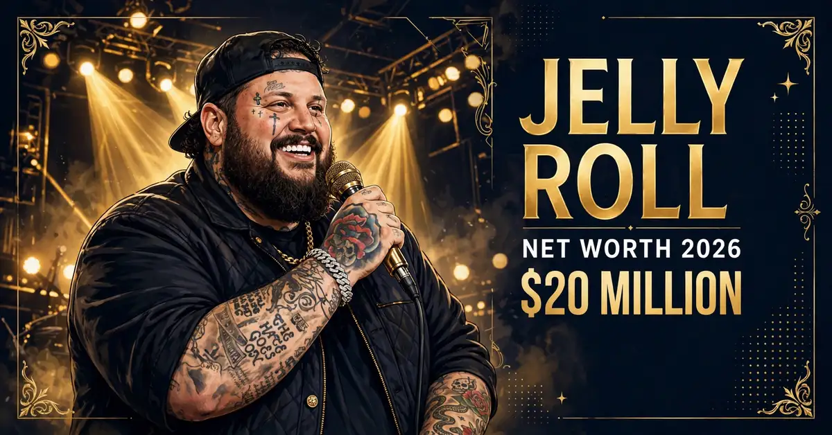 Jelly Roll net worth 2026 — estimated $16 to $20 million fortune infographic