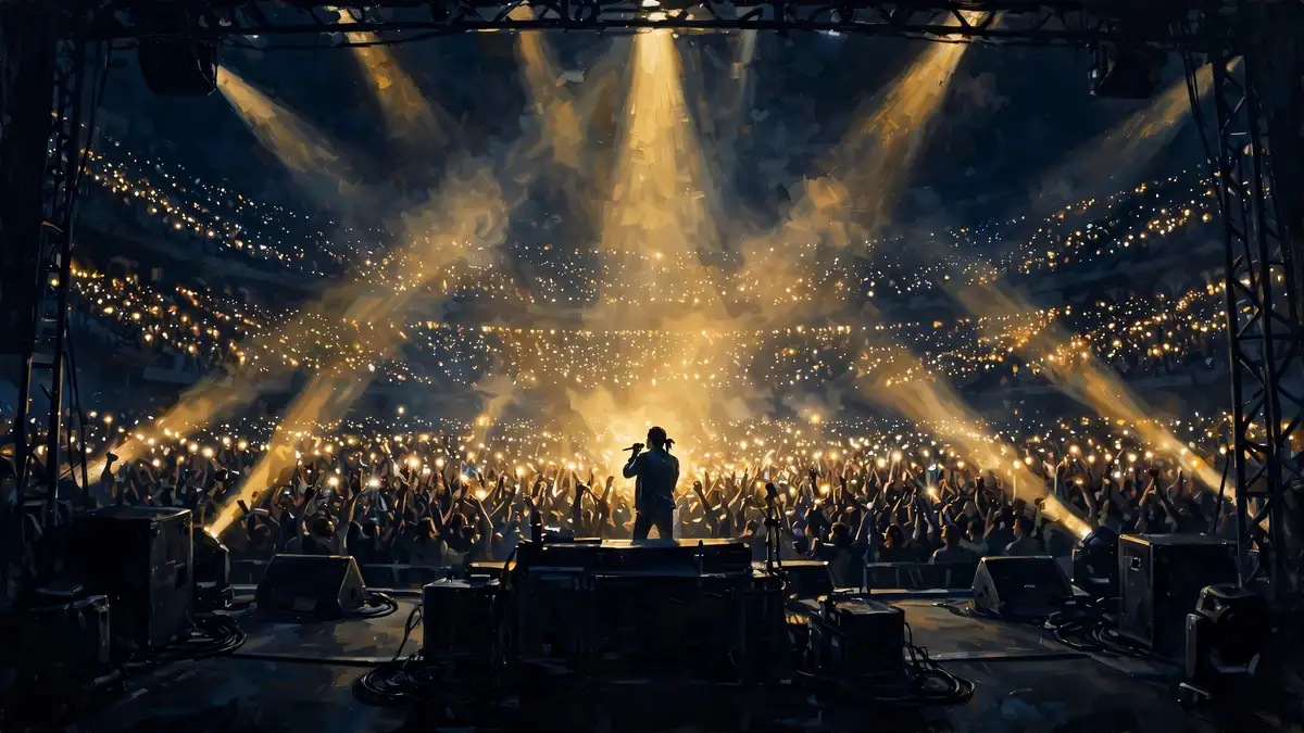 Illustration of a packed nighttime arena concert with golden stage lights, evoking Jelly Roll's million-dollar-per-show touring run