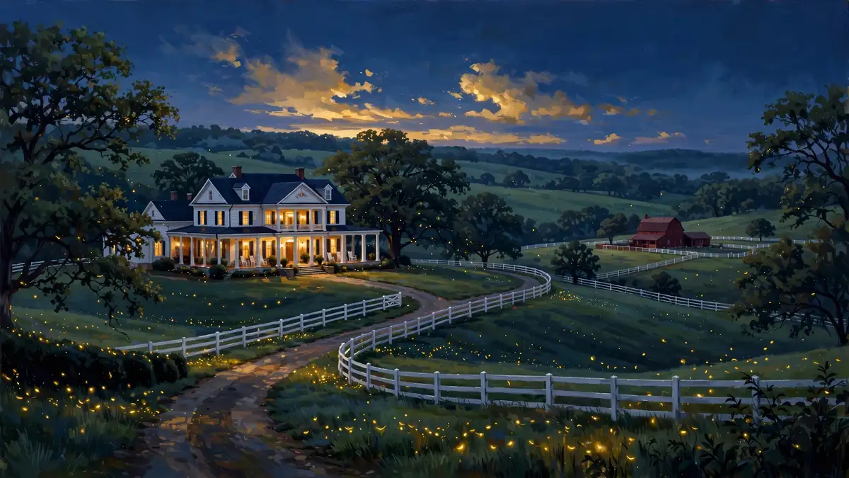 Illustration of a sprawling Tennessee farm estate at dusk with rolling hills and a farmhouse, representing Jelly Roll's 500-acre compound