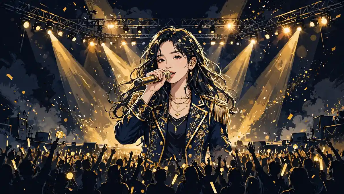 Illustrated K-pop solo performer on a concert stage under gold spotlights before a crowd