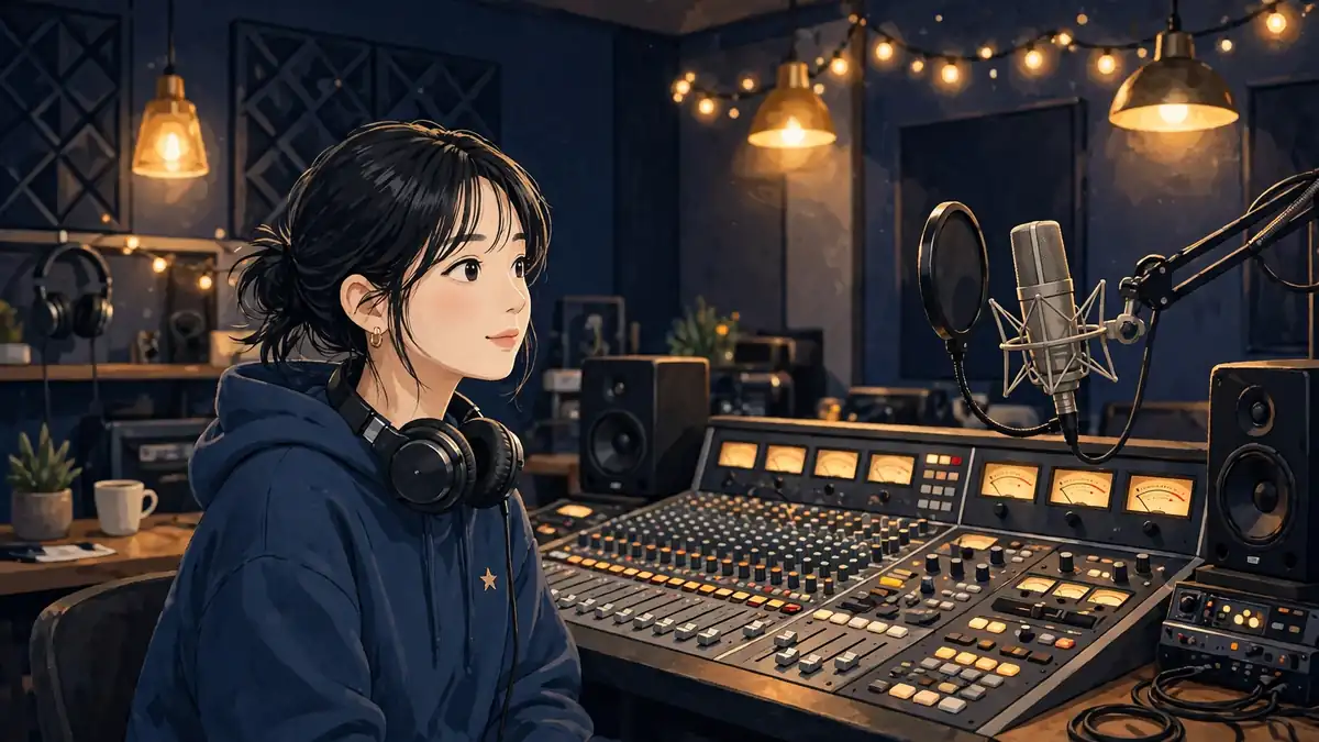 Illustrated singer in a recording studio beside a mixing desk and microphone
