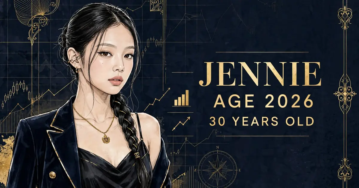Jennie age 2026 — stylized illustrated portrait of BLACKPINK's Jennie, JENNIE AGE 2026 30 YEARS OLD text
