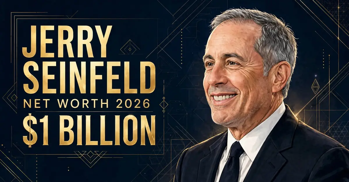 Jerry Seinfeld net worth 2026 — stylized illustrated portrait of the comedian with JERRY SEINFELD NET WORTH 2026 $1 BILLION text