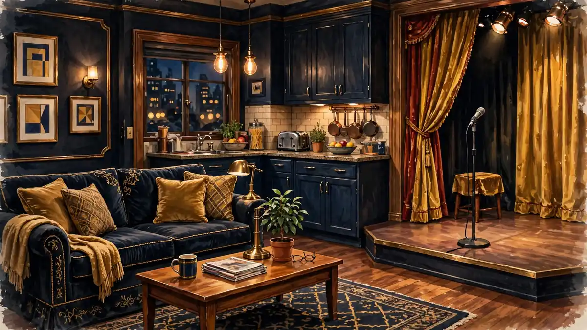 Illustrated 1990s sitcom living-room set with a stand-up microphone and gold accents