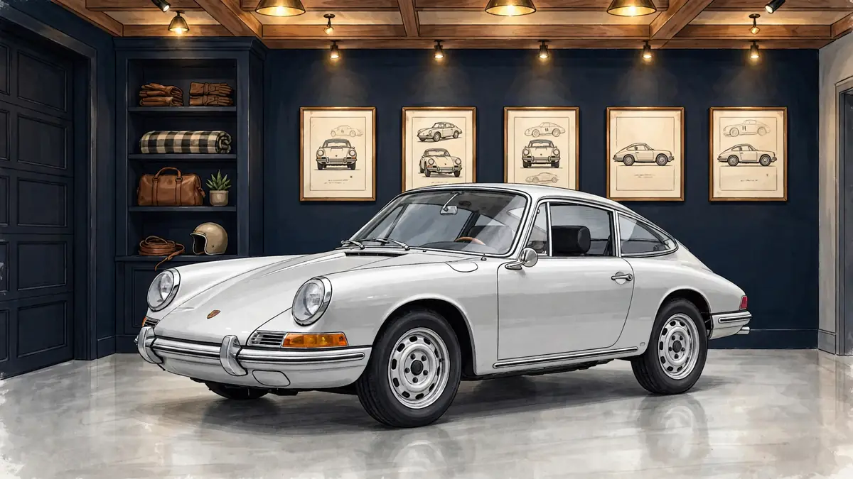 Illustrated vintage Porsche sports car in a luxury garage with warm gold lighting