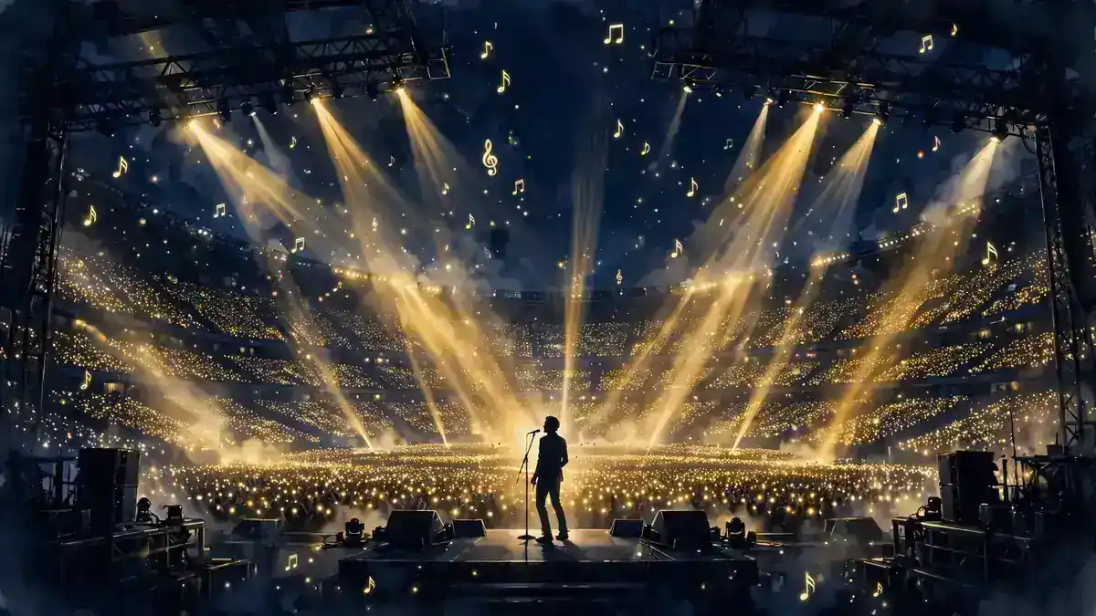 Illustrated stadium stage glowing gold during BTS's 2026–2027 ARIRANG world tour