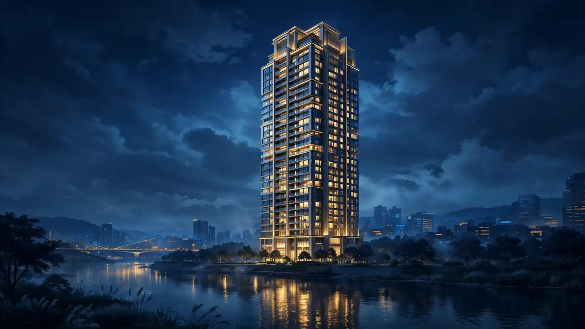 Illustrated Seoul luxury apartment tower at night overlooking the Han River, reflecting Jimin's reported Nine One Hannam property