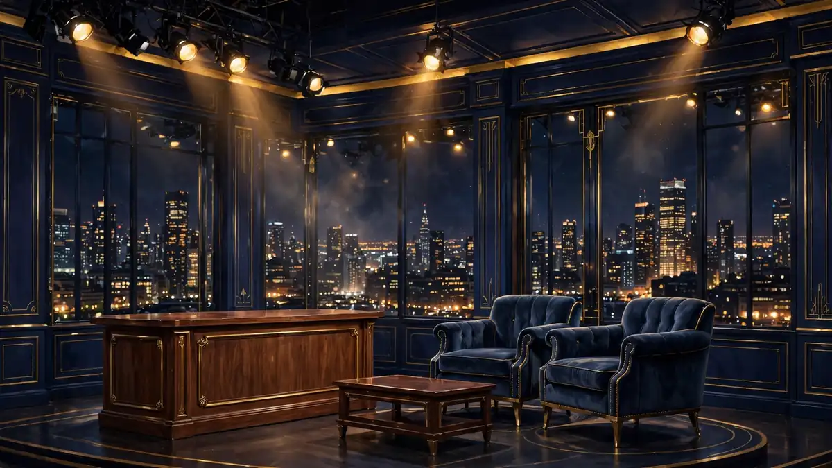 Illustrated late-night studio scene with desk and city skyline evoking The Tonight Show Starring Jimmy Fallon