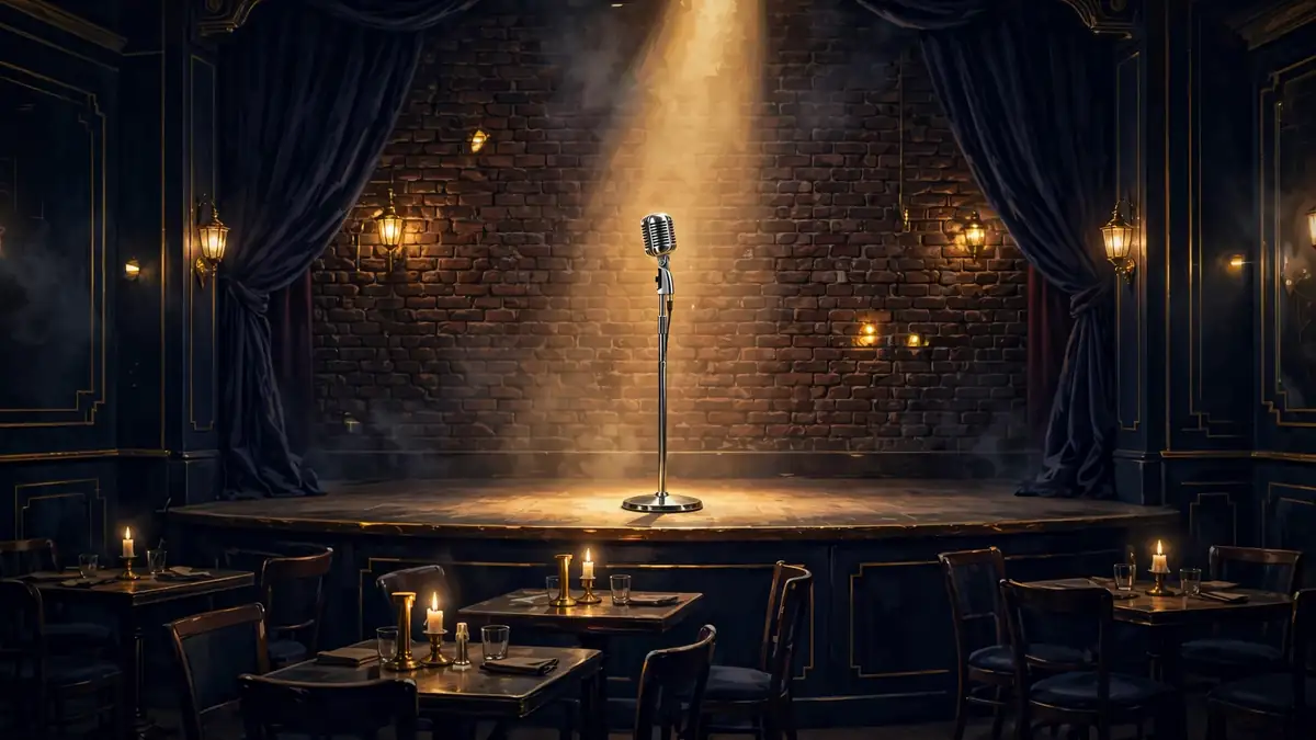 Illustrated comedy stage scene evoking Jimmy Fallon's early stand-up and SNL years