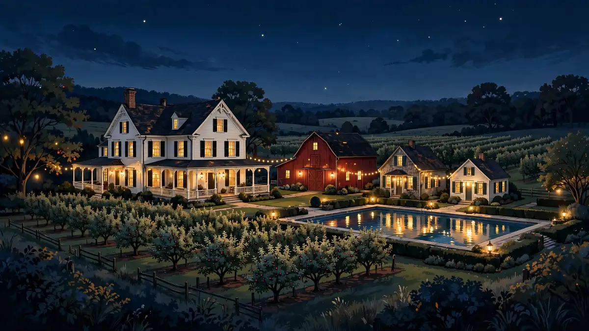Illustrated historic farmhouse estate at dusk: glowing farmhouse, red barn, orchard rows and pool under a navy twilight sky