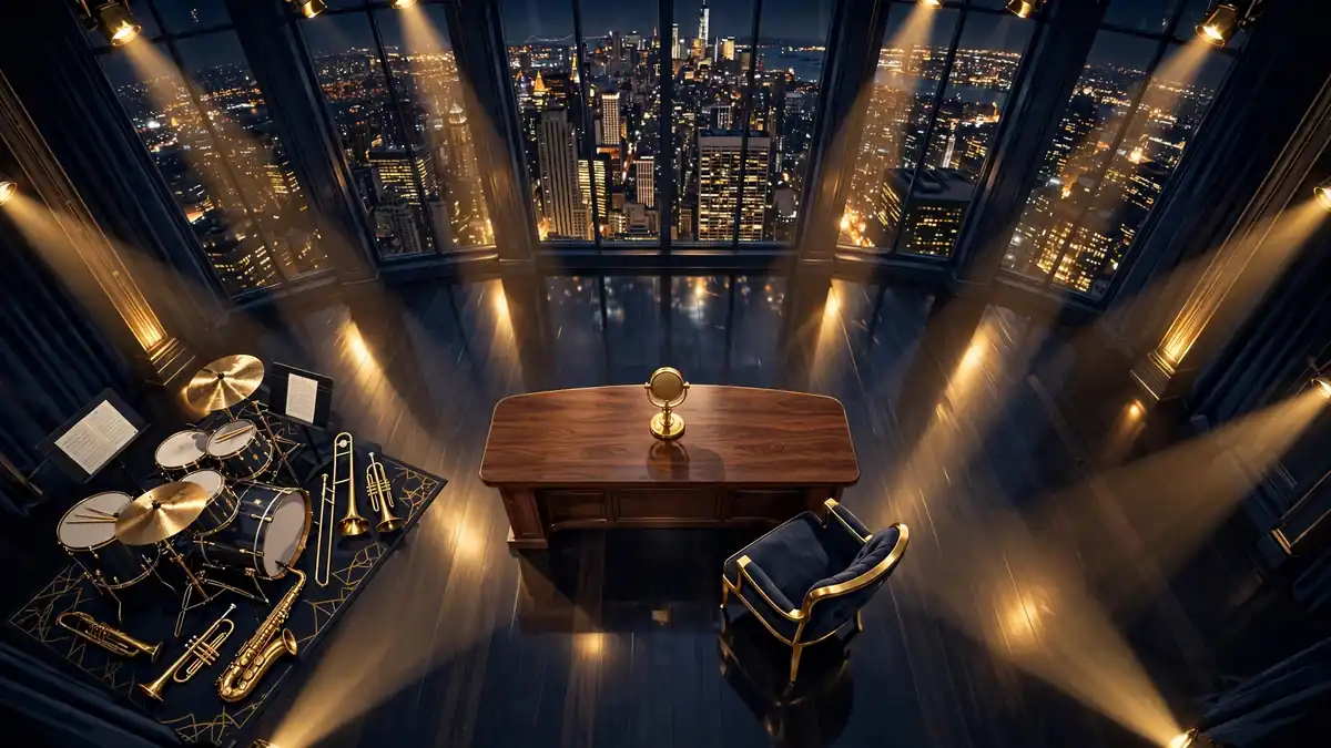 Illustrated late-night television studio at night: wooden host desk with golden microphone, band instruments, and a glowing city skyline beyond studio windows