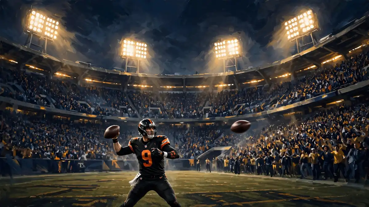 Illustrated night scene of a Cincinnati Bengals quarterback in a number 9 jersey throwing a pass in a packed NFL stadium