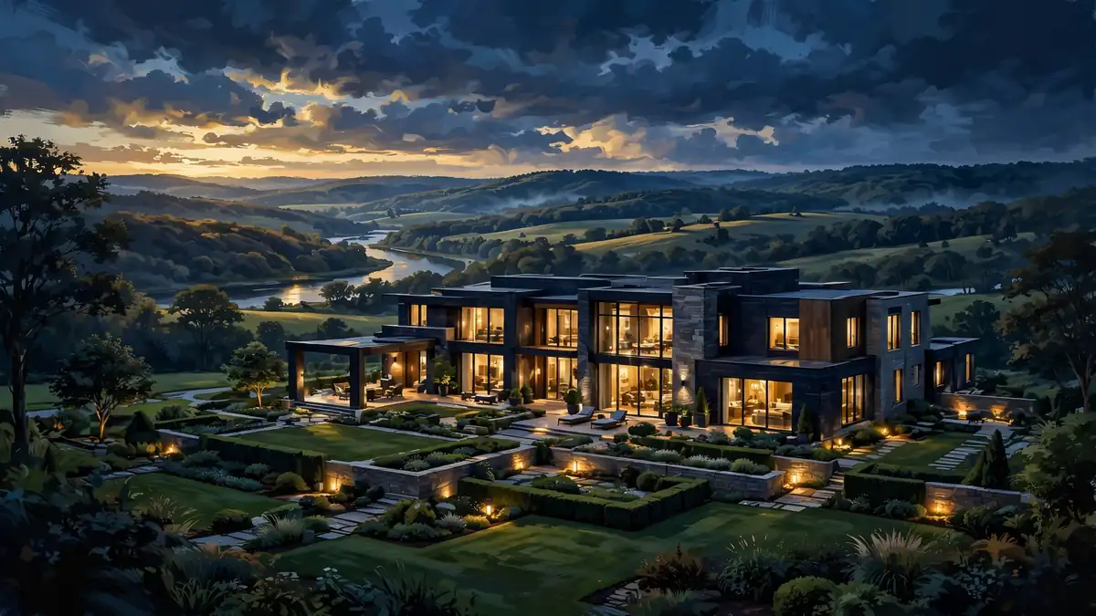 Illustrated modern Ohio mansion at dusk with glowing windows, manicured gardens, and river hills beyond