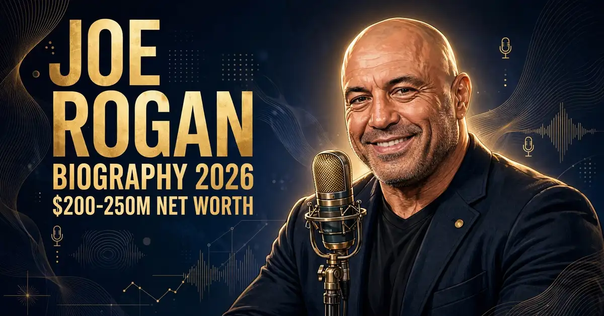 Joe Rogan biography 2026 — estimated $200–250 million net worth infographic