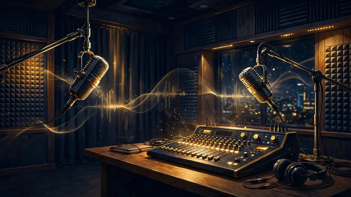 Illustrated podcast studio with vintage microphones and a mixing console, evoking The Joe Rogan Experience studio