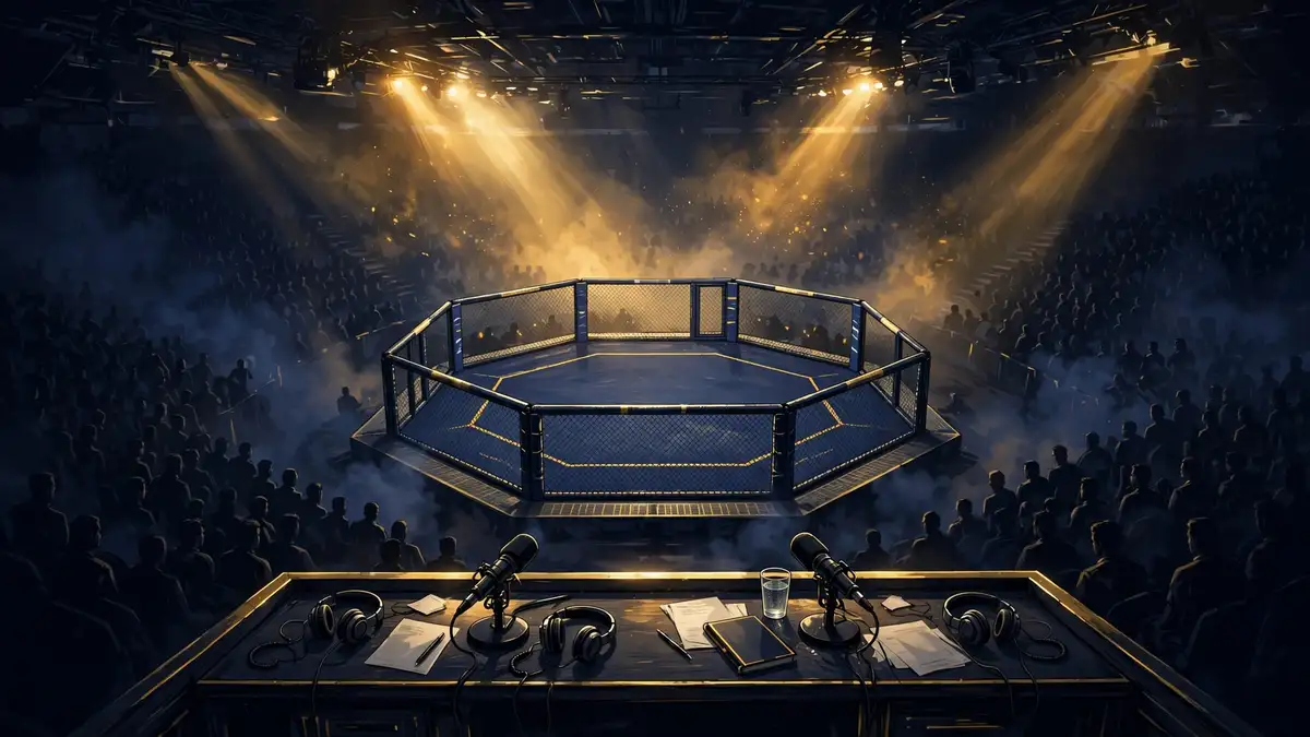 Illustrated UFC octagon arena with a commentator desk at ringside, evoking Joe Rogan's UFC commentary role