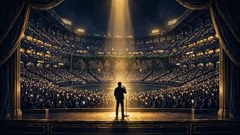 Illustrated night view of a packed baseball stadium during John Mulaney's record 2026 Wrigley Field show