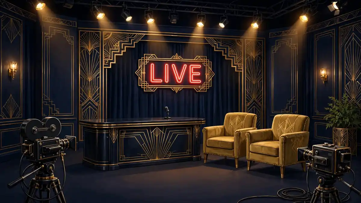Illustrated late-night talk show studio set representing John Mulaney's Netflix live series Everybody's Live