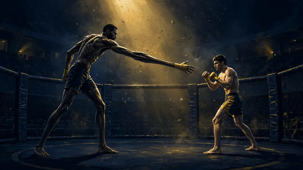 Illustration of Jon Jones's 84.5-inch reach advantage inside the UFC octagon — Guide Net Worth