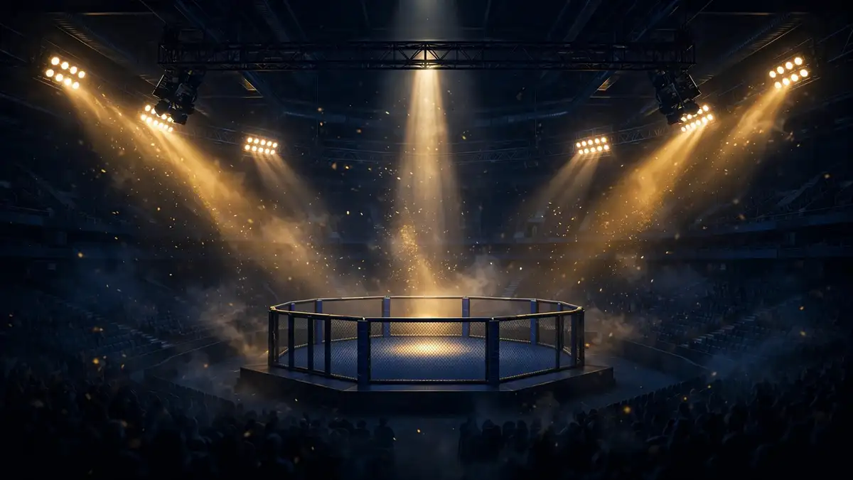 Empty MMA octagon arena under golden spotlights at night, representing Jon Jones's pay-per-view championship fights