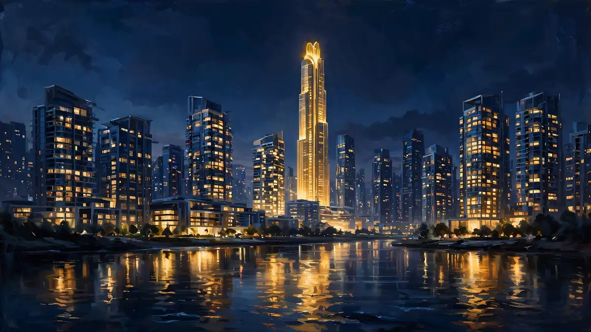 Modern city skyline at night with illuminated residential towers, representing Jon Jones's Grozny apartment and real estate holdings
