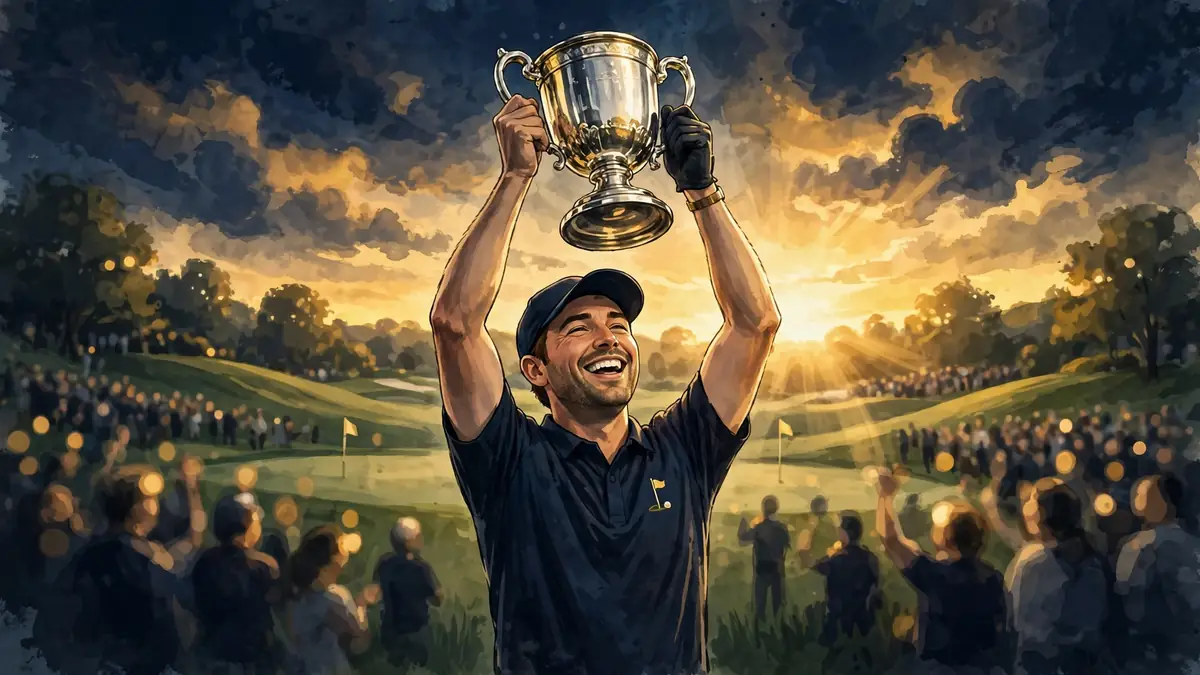 Illustrated golfer lifting a large trophy on a golf course at sunset