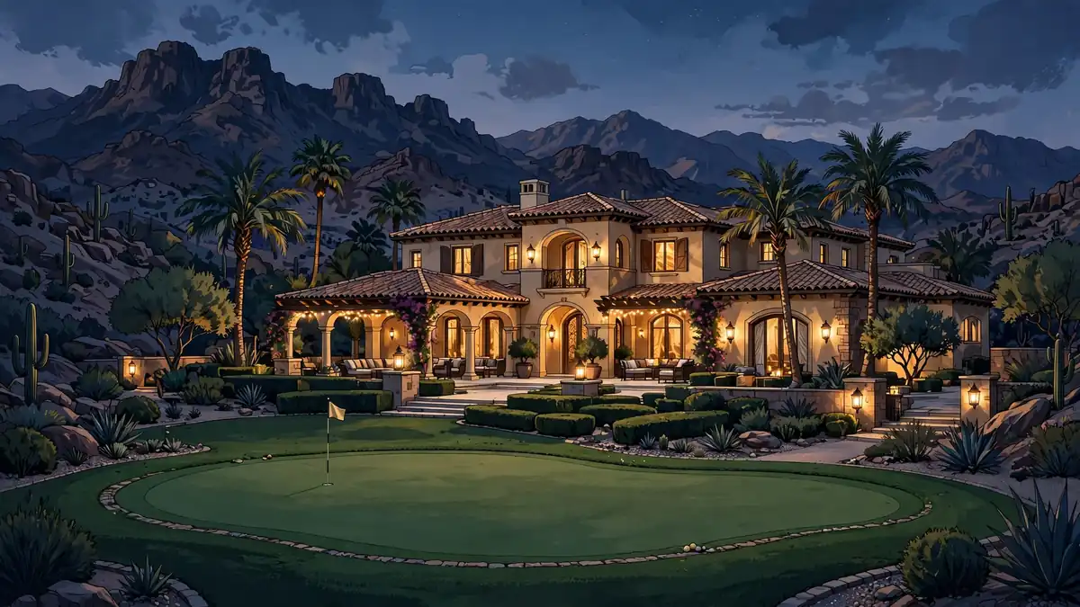 Illustrated Mediterranean mansion in Scottsdale Arizona at dusk with a private putting green