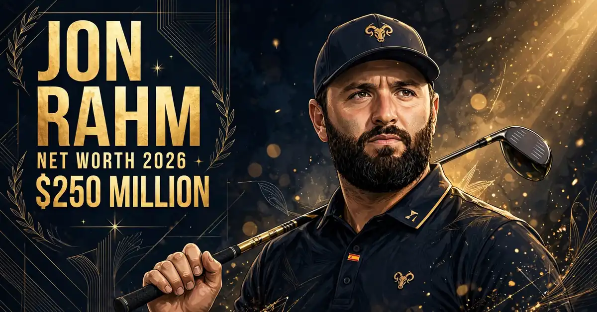 Jon Rahm net worth 2026 — stylized illustrated portrait of the golfer with a club over his shoulder, JON RAHM NET WORTH 2026 $250 MILLION text