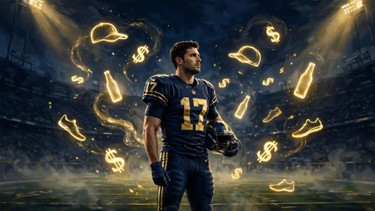 Illustrated night football stadium scene with a quarterback-themed financial motif for Josh Allen's endorsement section