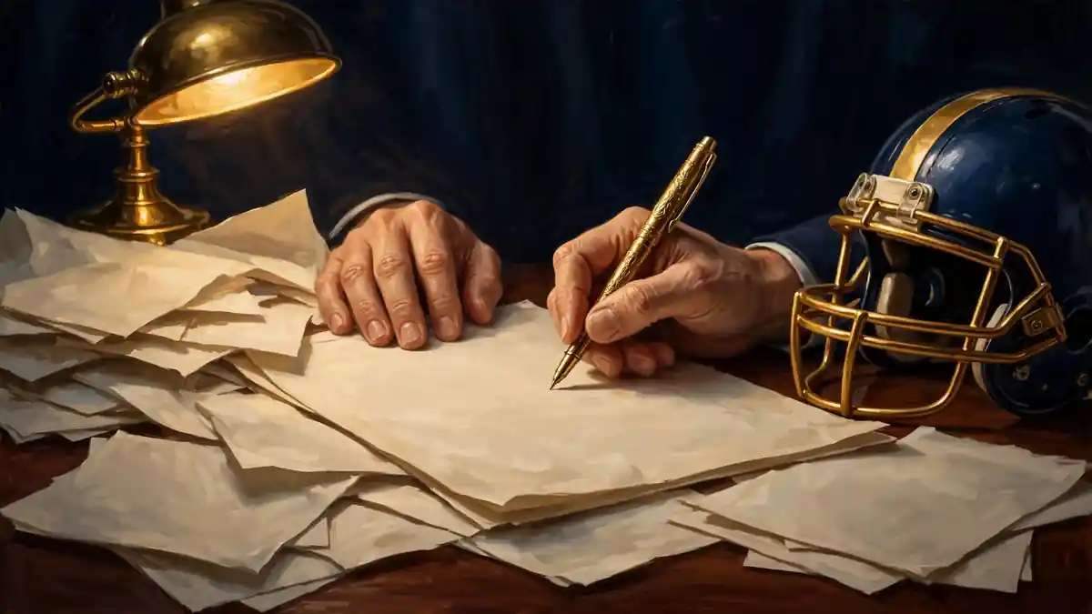 Illustrated scene of a quarterback contract signing with financial documents, navy and gold