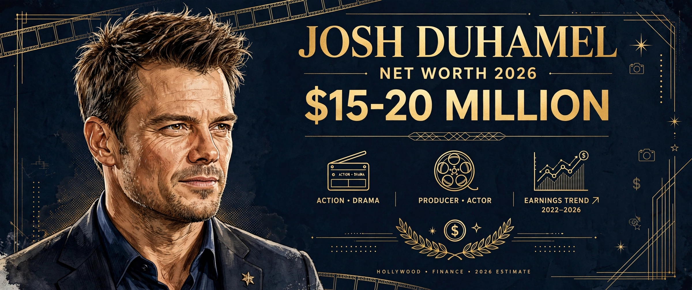 Josh Duhamel net worth 2026 — estimated $15 to $20 million fortune infographic