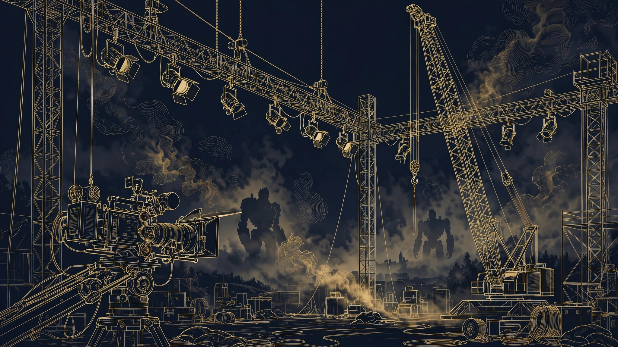 Illustrated film-set scene with cameras and lighting rigs representing Josh Duhamel's blockbuster career
