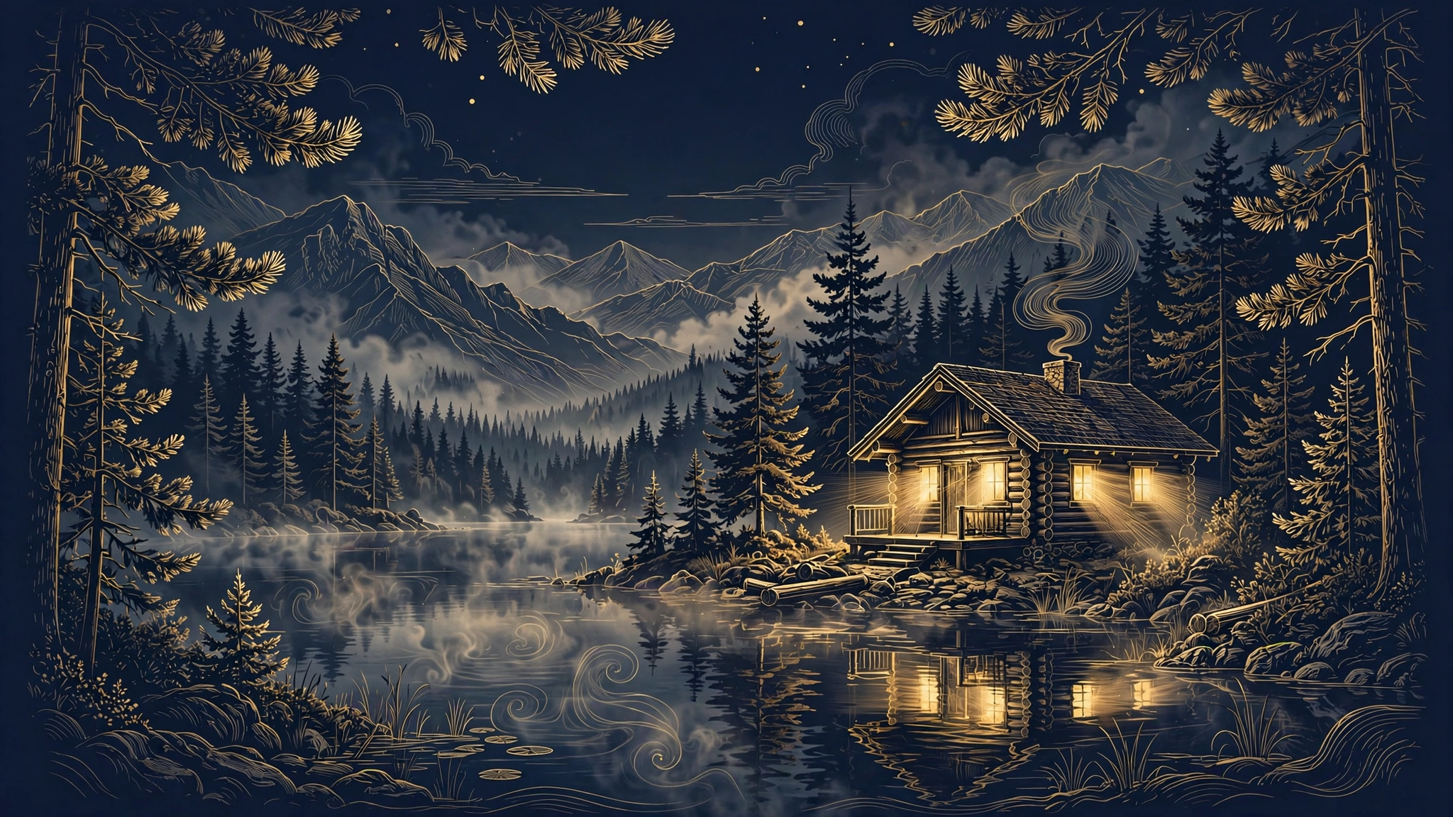 Illustrated off-grid lakeside cabin in deep woods at dusk, representing Josh Duhamel's Minnesota property