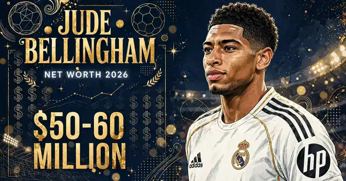 Jude Bellingham net worth 2026 — estimated $50 to $60 million fortune infographic