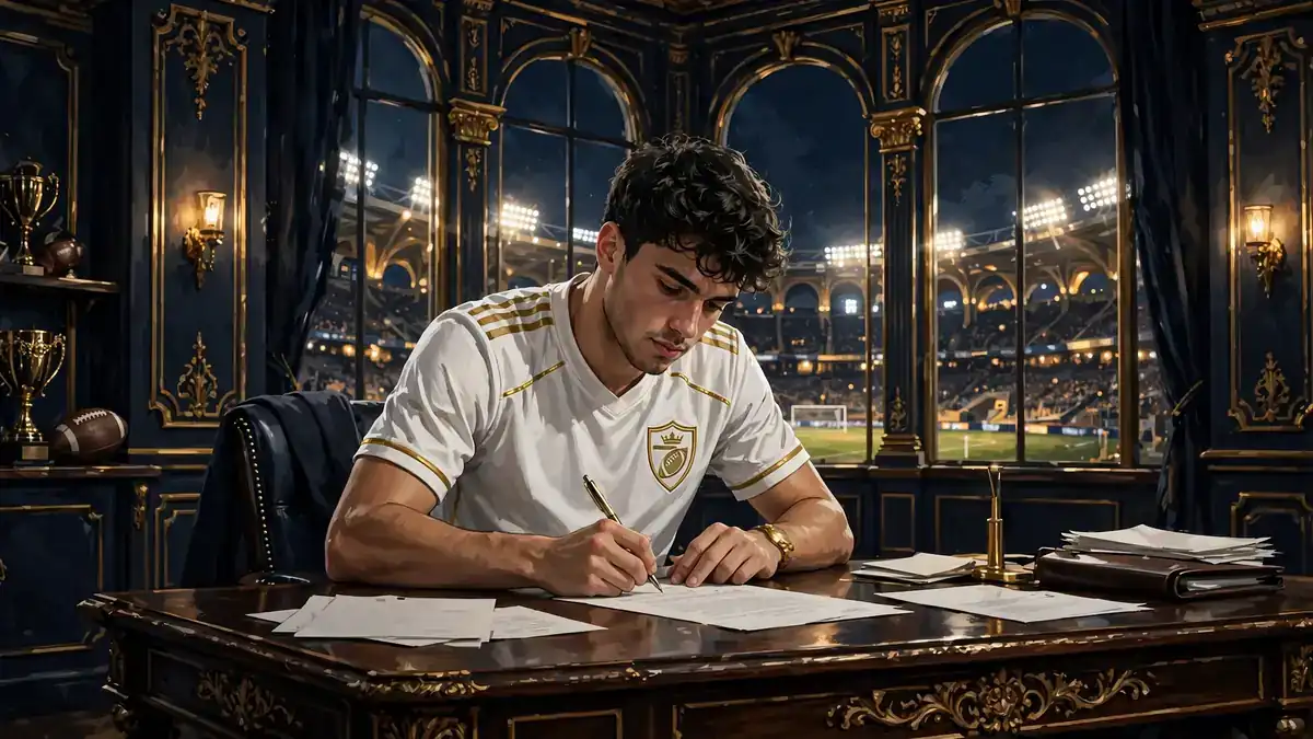 Illustrated scene of Jude Bellingham signing his Real Madrid contract at an ornate desk with a floodlit stadium behind him