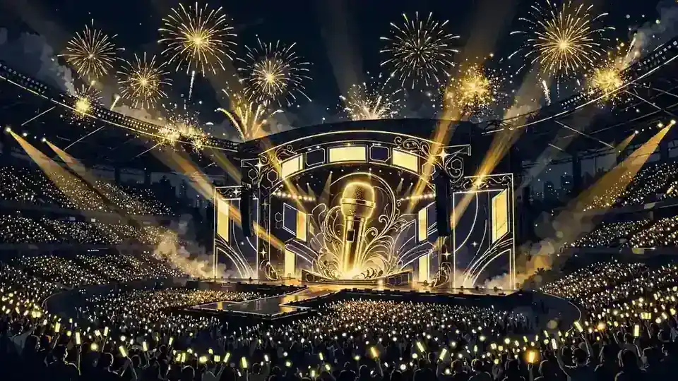 Illustrated neon stadium concert with golden microphone and crowd of glowing light sticks — Jungkook's touring income engine