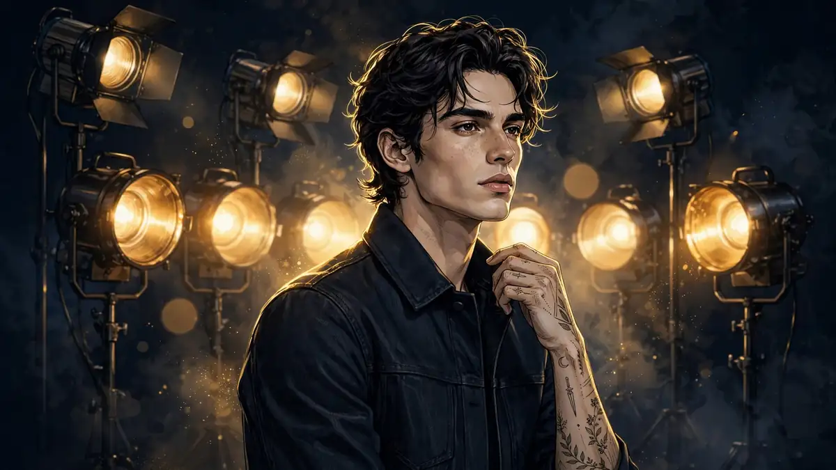 Illustrated high-fashion denim campaign shoot with studio spotlights — Jungkook's luxury endorsement income