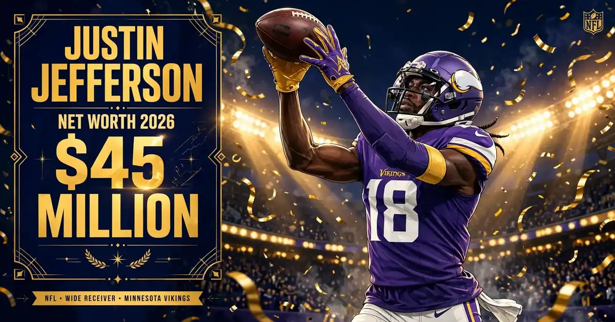 Justin Jefferson net worth 2026 — estimated $35 to $50 million fortune infographic